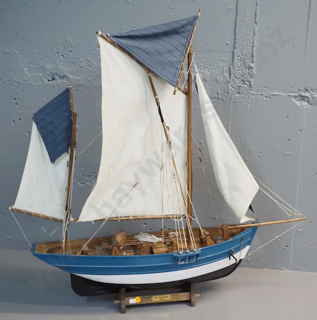 fully rigged wooden fishing boat model on wooden base with "Les Thoniers" plaque H-740 L-790 Image 1++