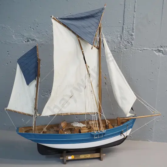 fully rigged wooden fishing boat model on wooden base with "Les Thoniers" plaque H-740 L-790