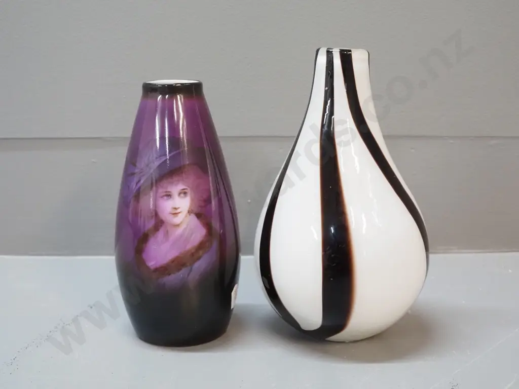 2 vases - small art glass striped black and white H-210 and a Bavarian china vase with portrait Image 1++