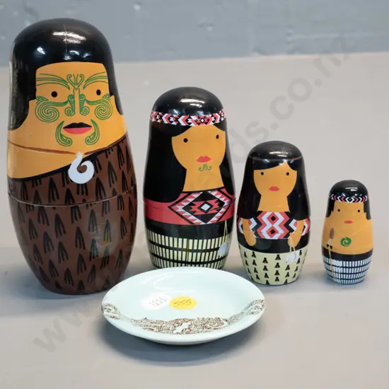 set of 4 Maori motif nesting dolls - tallest is H-140 - and a Crown Lynn Air New Zealand pin dish