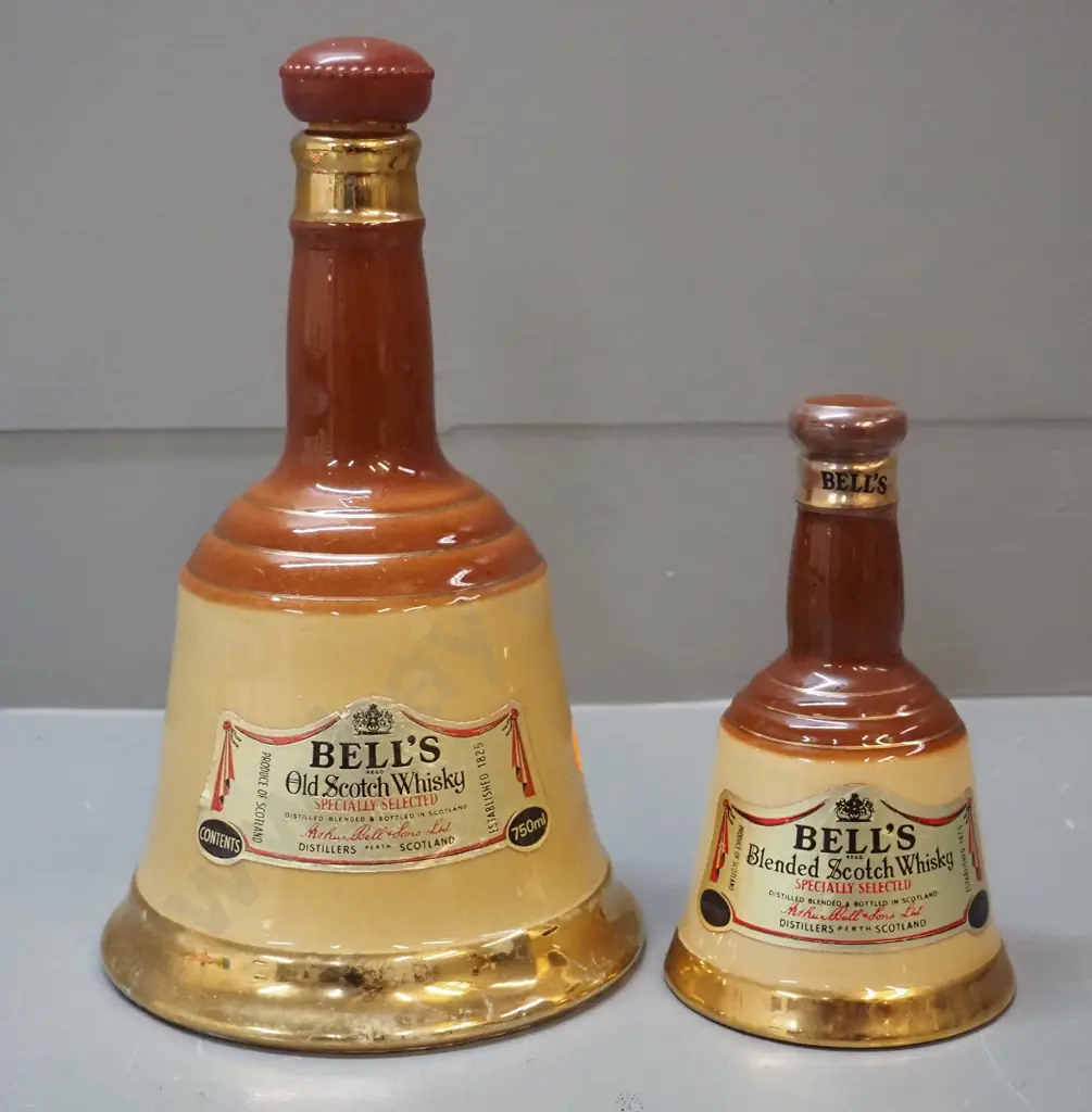 2 Wade porcelain Bell whisky decanters with contents & plastic seals - 750ml and 200ml Image 1++