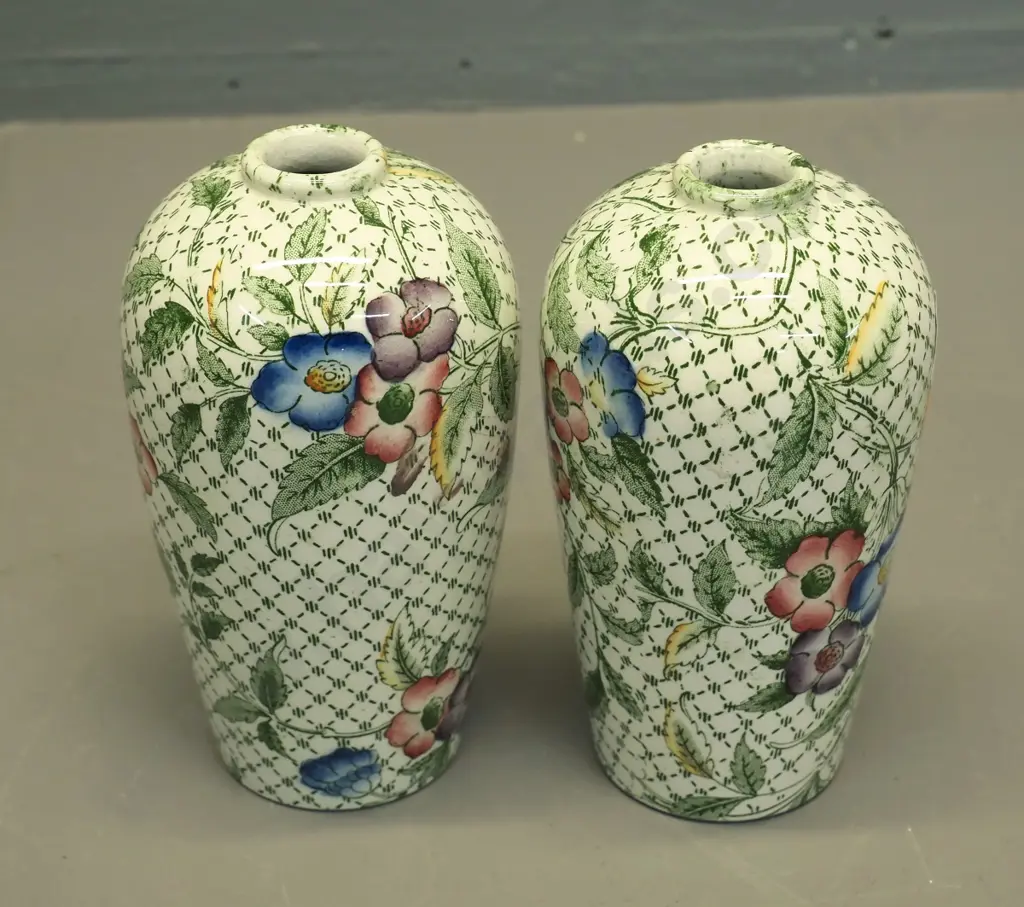 pair of small Minton hand-painted vases - one has small chip to base H-130 Image 1++