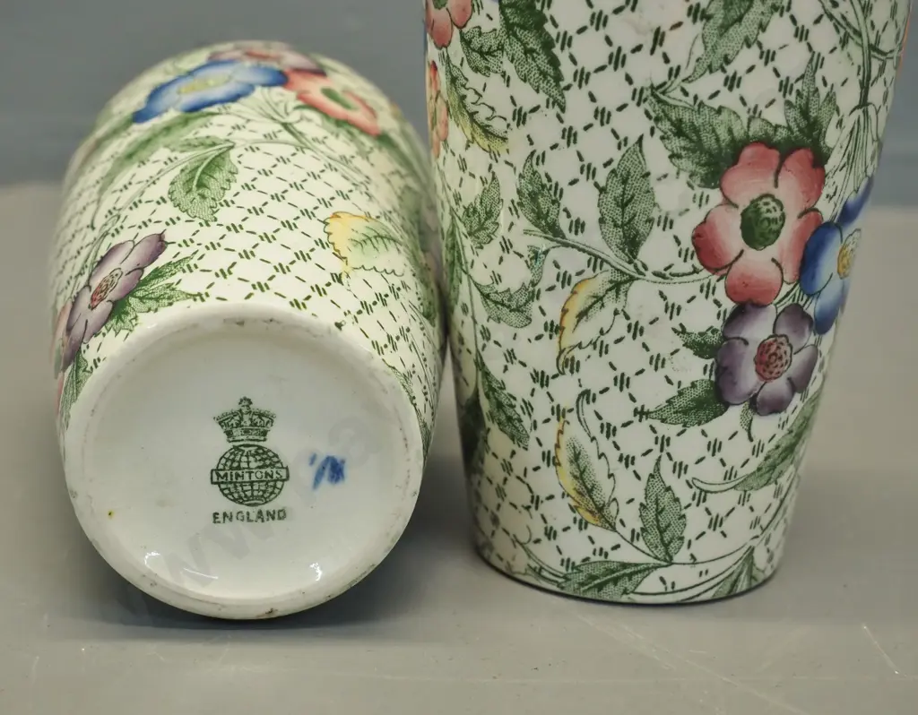 pair of small Minton hand-painted vases - one has small chip to base H-130 Image 1++