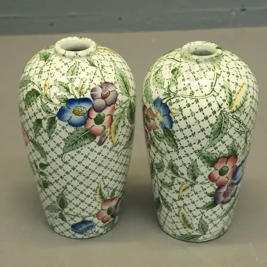 pair of small Minton hand-painted vases - one has small chip to base H-130