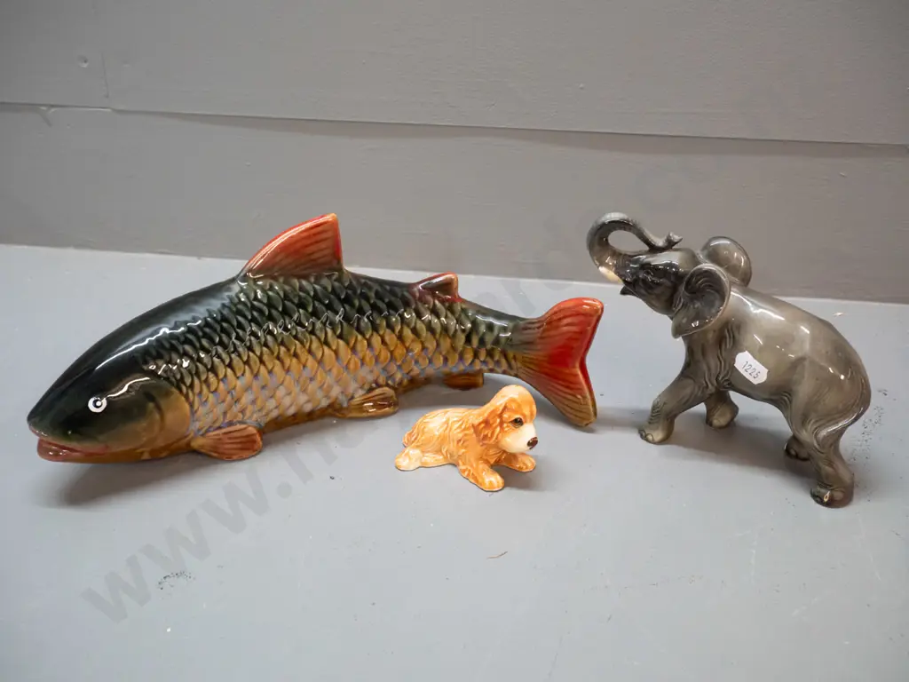 3 animal figures - small Sylvac dog, elephant marked 4126 & a large fish L-300, no maker's mark, mall defect to one eye Image 1++