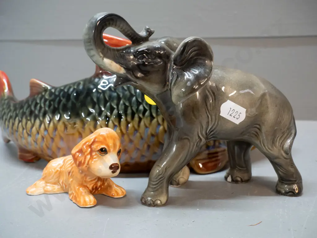 3 animal figures - small Sylvac dog, elephant marked 4126 & a large fish L-300, no maker's mark, mall defect to one eye Image 1++