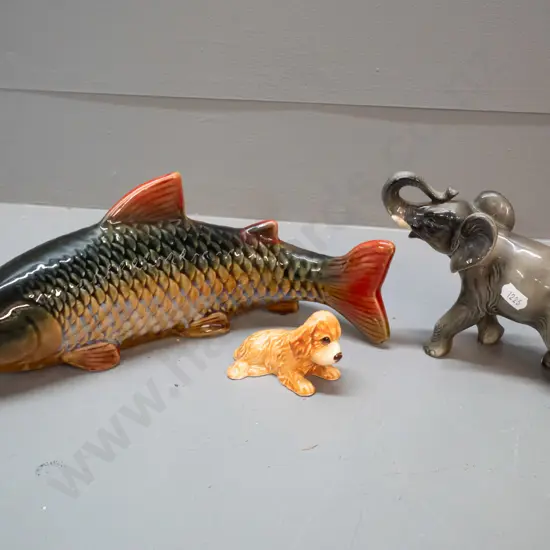 3 animal figures - small Sylvac dog, elephant marked 4126 & a large fish L-300, no maker's mark, mall defect to one eye