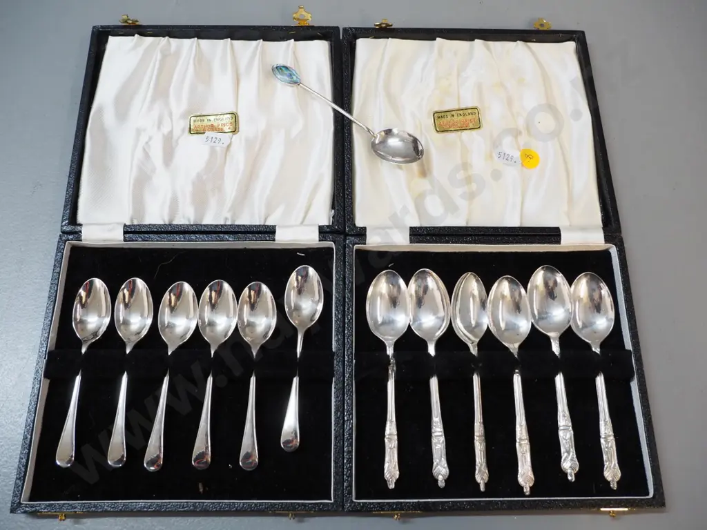 2 Arthur Price boxed sets of 6 teaspoons, one with apostle handles, and a sterling silver teaspoon with paua inset Image 1++