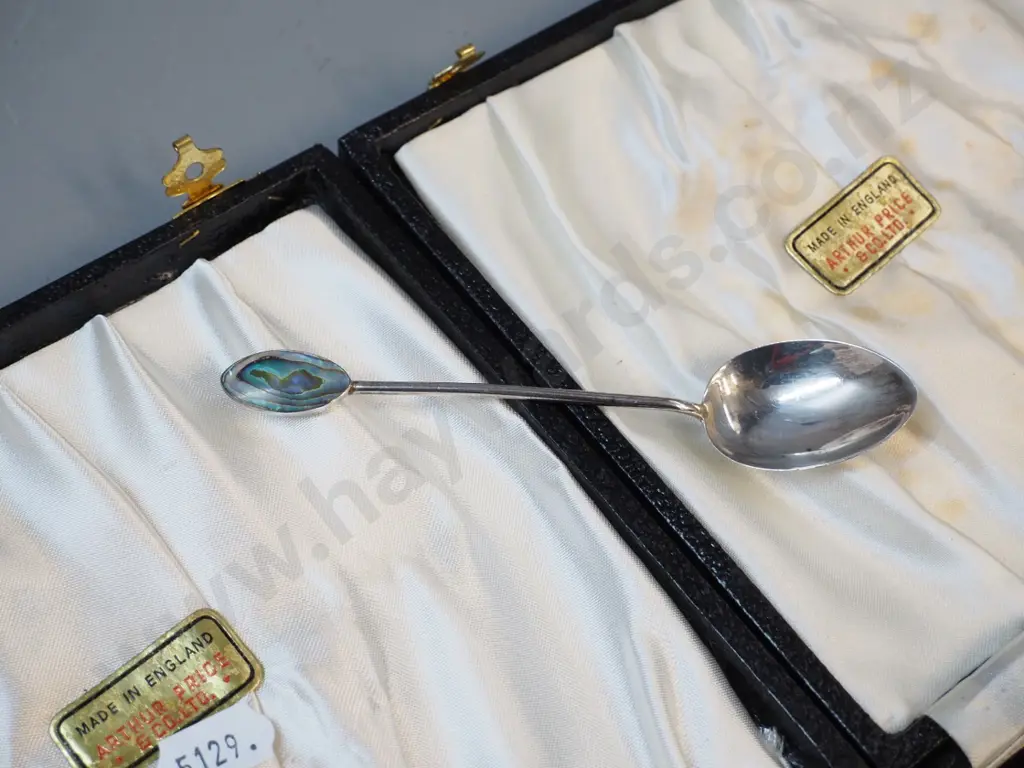 2 Arthur Price boxed sets of 6 teaspoons, one with apostle handles, and a sterling silver teaspoon with paua inset Image 1++