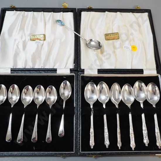 2 Arthur Price boxed sets of 6 teaspoons, one with apostle handles, and a sterling silver teaspoon with paua inset