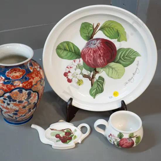 3 pieces Portmeirion Pomona and an Asian Imari colour vase. Pomona plate is D-270