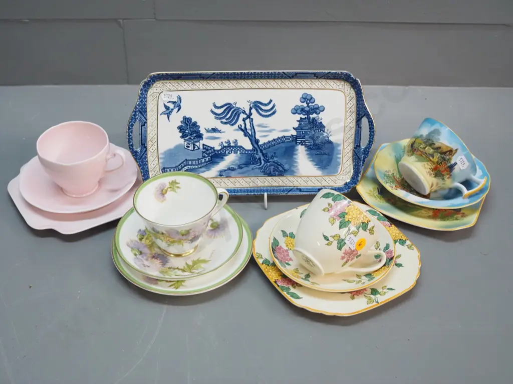 4 English china trios - Royal Doulton, Grafton, Phoenix - and a Booth's Real Old Willow sandwich tray Image 1++