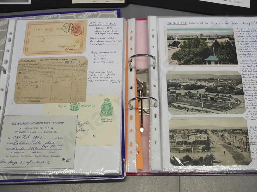 2 albums of NZ postcards - some old, very detailed annotation, some are copies - and some sheets of 1950s railway photos Image 1++