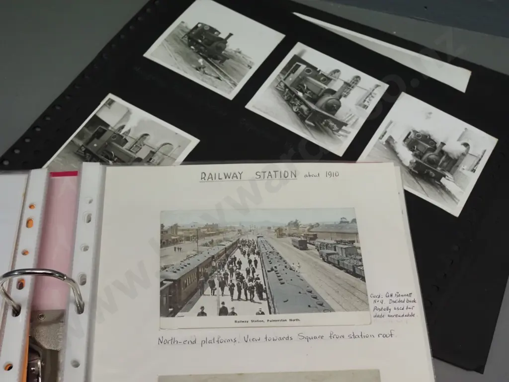 2 albums of NZ postcards - some old, very detailed annotation, some are copies - and some sheets of 1950s railway photos Image 1++