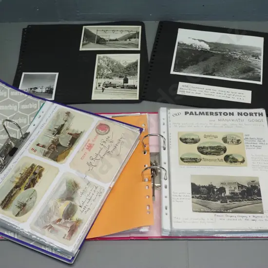 2 albums of NZ postcards - some old, very detailed annotation, some are copies - and some sheets of 1950s railway photos
