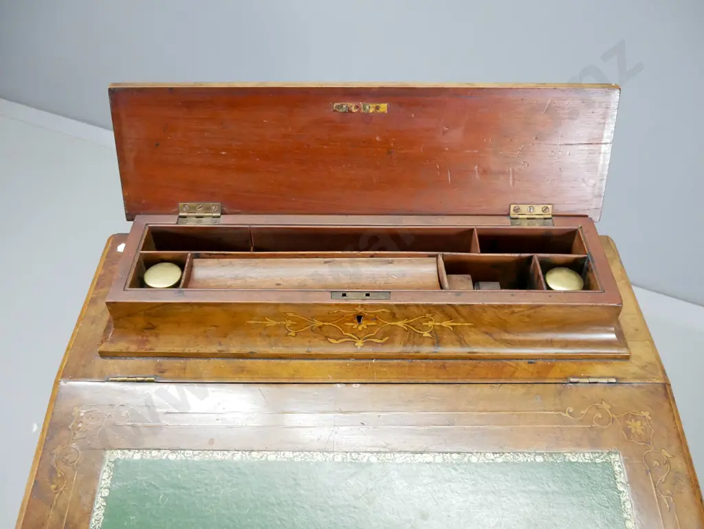 Victorian rosewood davenport desk with tooled leather inset, marquetry detail, original ink bottles, key H830 W530 D520 Image 1++