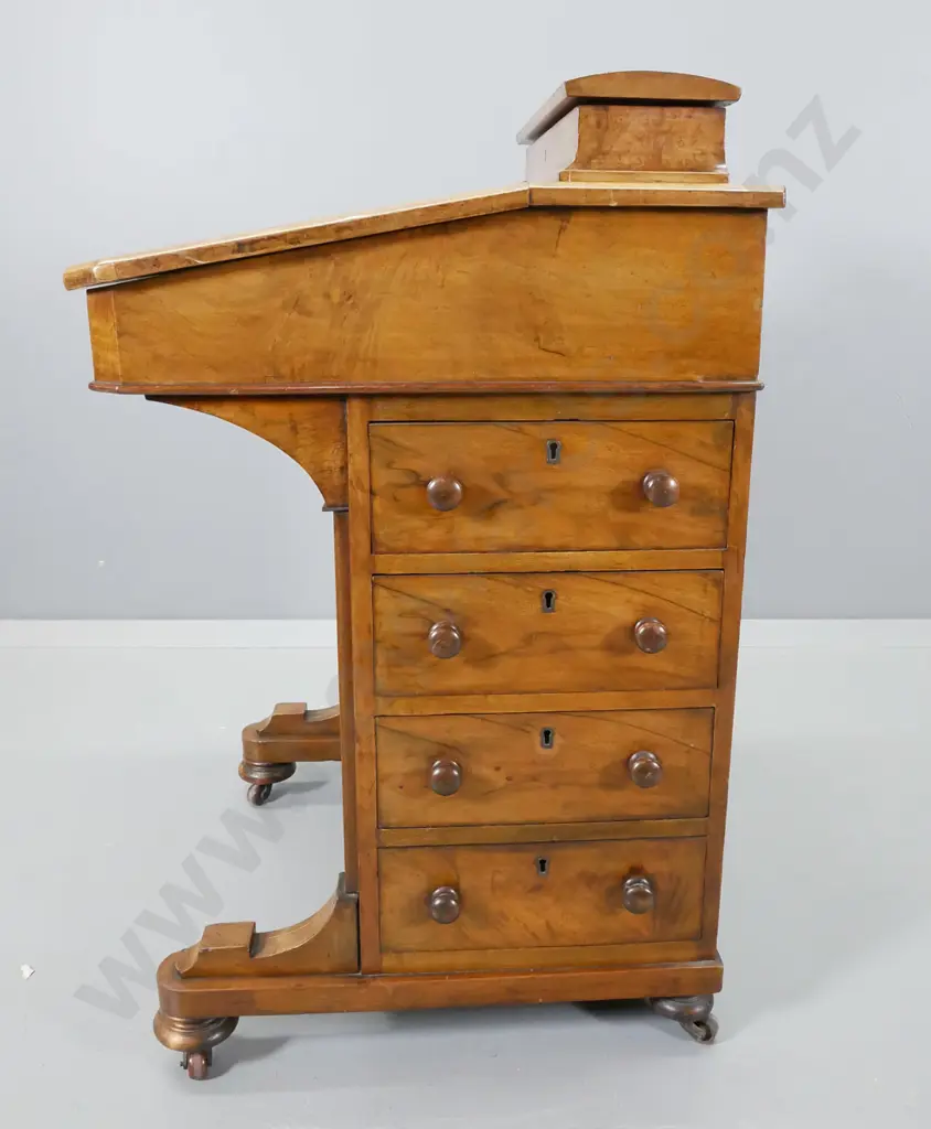 Victorian rosewood davenport desk with tooled leather inset, marquetry detail, original ink bottles, key H830 W530 D520 Image 1++