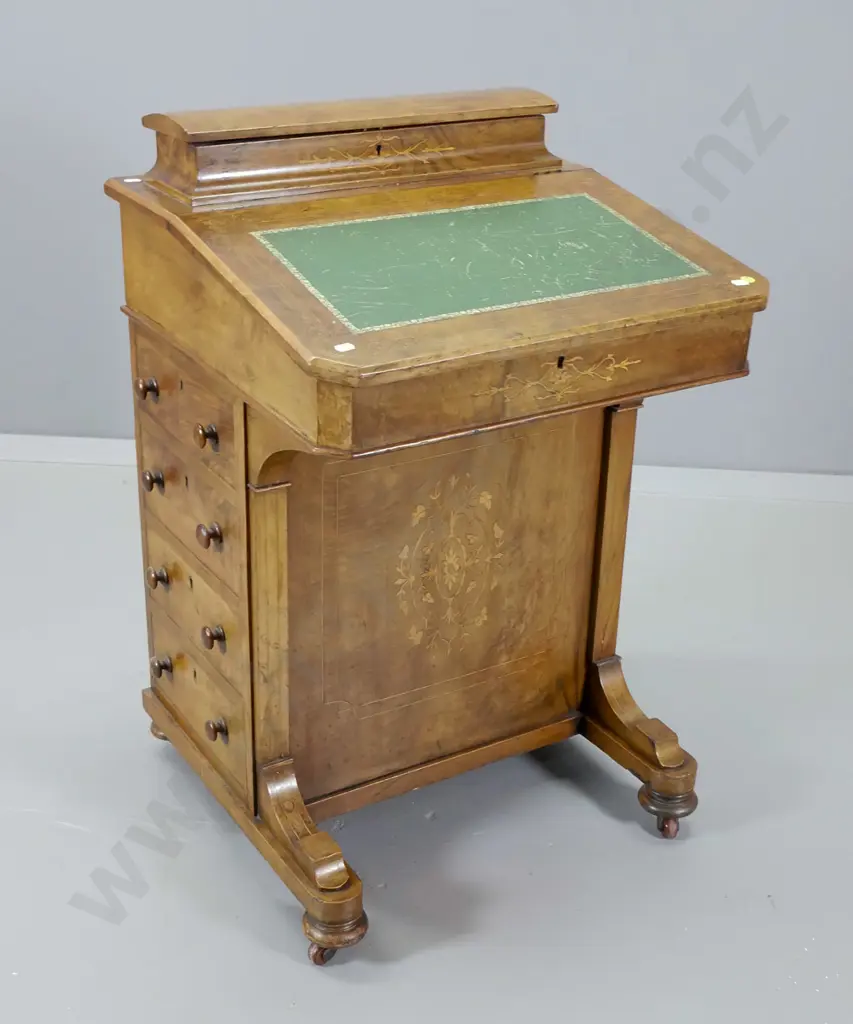 Victorian rosewood davenport desk with tooled leather inset, marquetry detail, original ink bottles, key H830 W530 D520 Image 1++