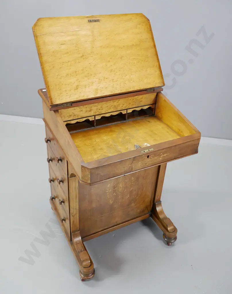 Victorian rosewood davenport desk with tooled leather inset, marquetry detail, original ink bottles, key H830 W530 D520 Image 1++