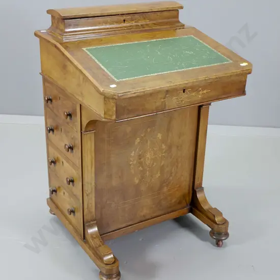 Victorian rosewood davenport desk with tooled leather inset, marquetry detail, original ink bottles, key H830 W530 D520