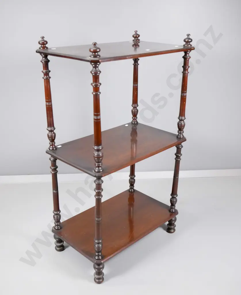 vintage 3-tier whatnot/display shelf with turned spindle supports - a bit wobbly, polish needs work H960 W560 D340 Image 1++