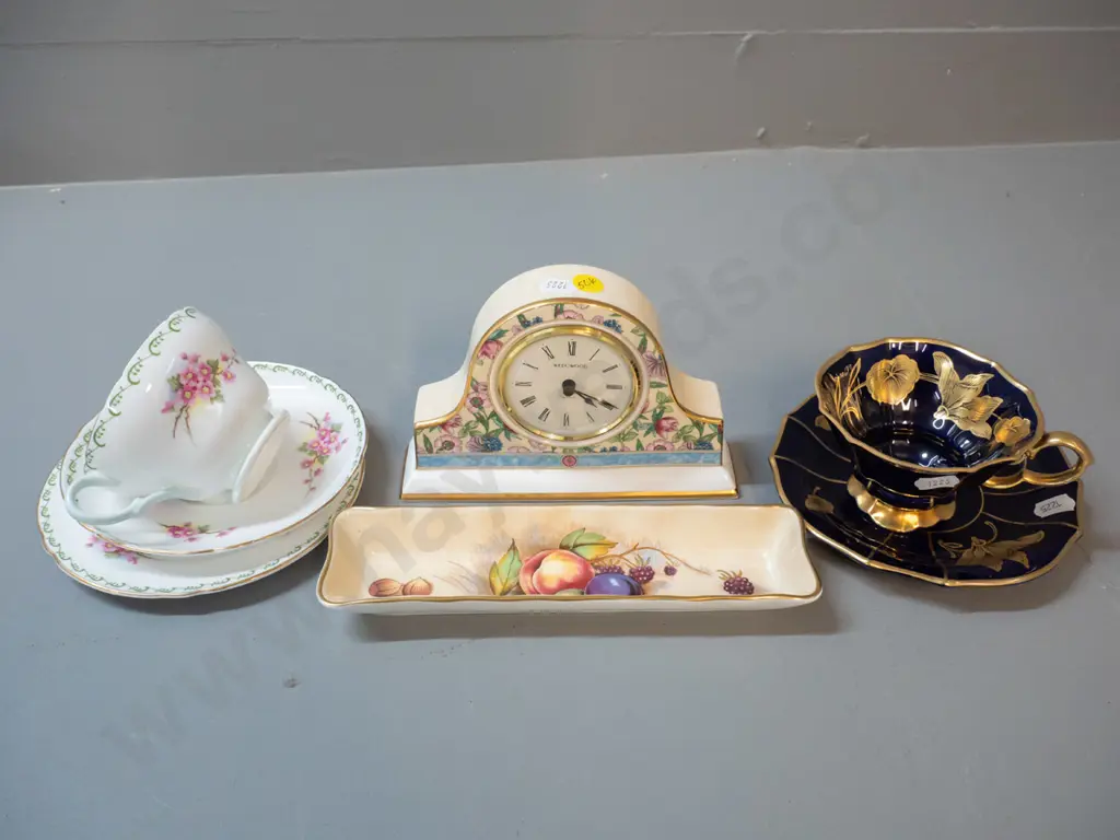 Wedgwood 'Sarah' bedside clock, Shelley trio, Aynsley mint dish and a Bavarian cobalt and gold cup & saucer Image 1++