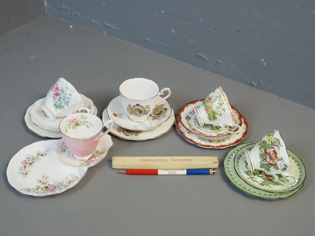 Royal Albert bone china - 4 trios and a tennis set, one is Coronation, and a boxed coronation souvenir propelling pencil Image 1++