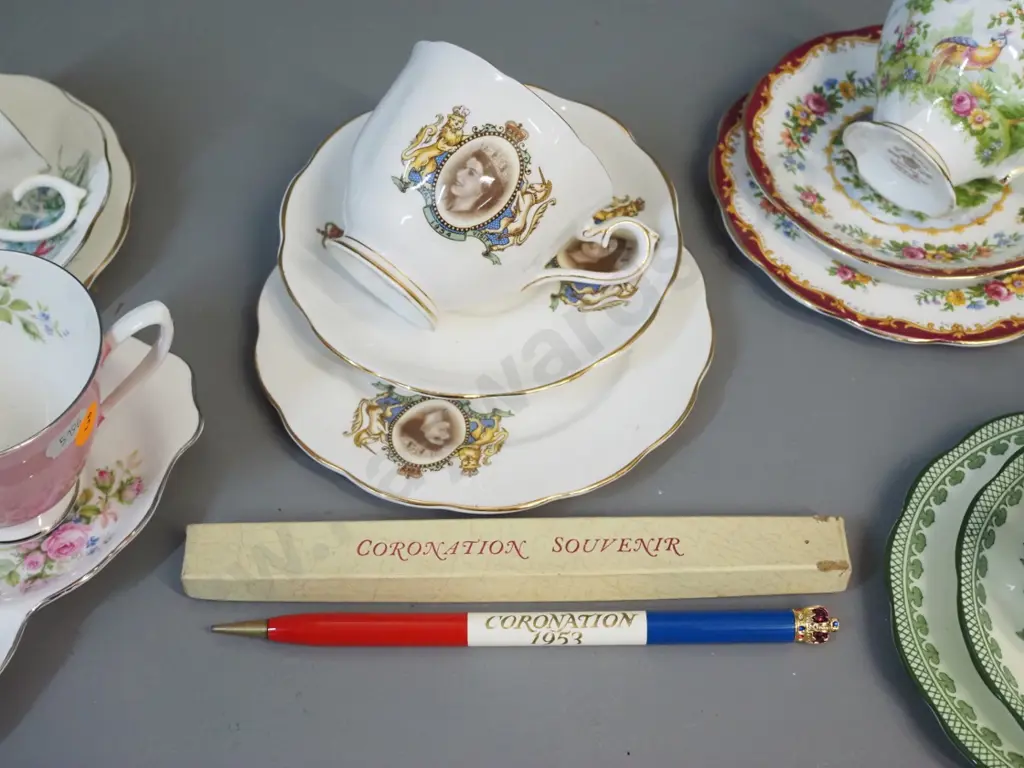 Royal Albert bone china - 4 trios and a tennis set, one is Coronation, and a boxed coronation souvenir propelling pencil Image 1++
