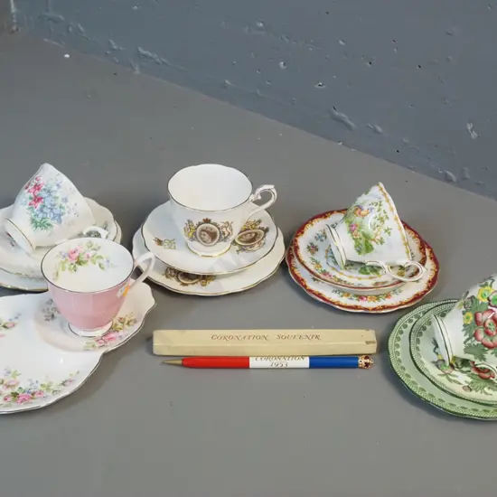 Royal Albert bone china - 4 trios and a tennis set, one is Coronation, and a boxed coronation souvenir propelling pencil