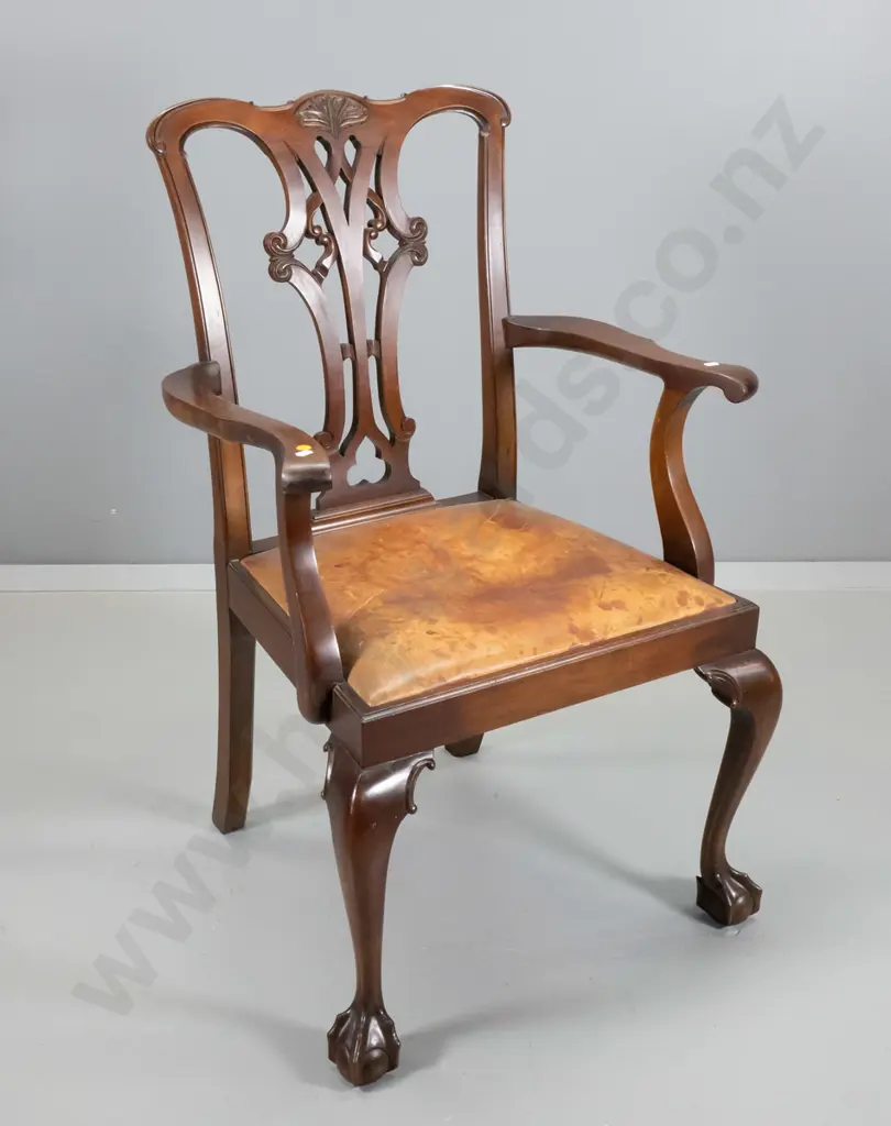 vintage mahogany occasional chair with carved splat back, antiqued leather seat, ball & claw feet H980 W610 D490 Image 1++