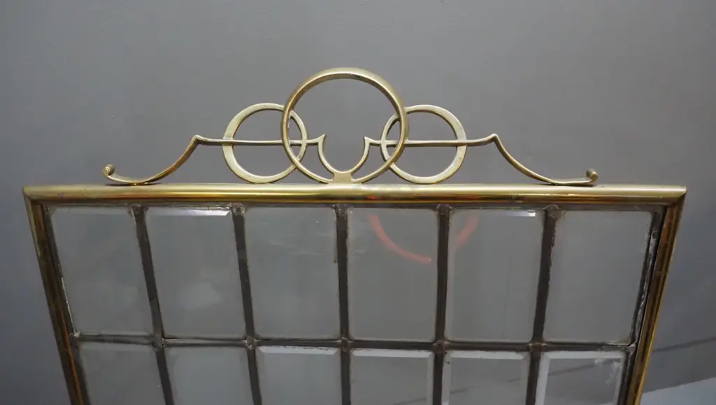 brass fire screen with bevelled leadlight glass panels - one is cracked H-750 W-480 Image 1++