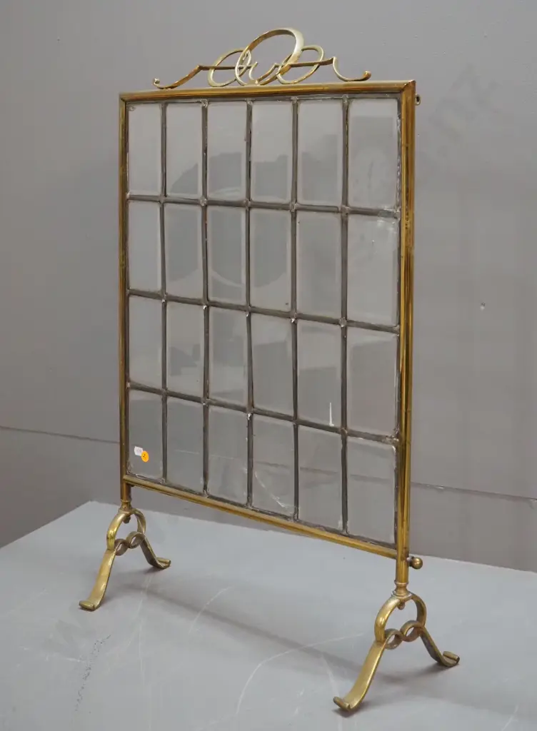 brass fire screen with bevelled leadlight glass panels - one is cracked H-750 W-480 Image 1++