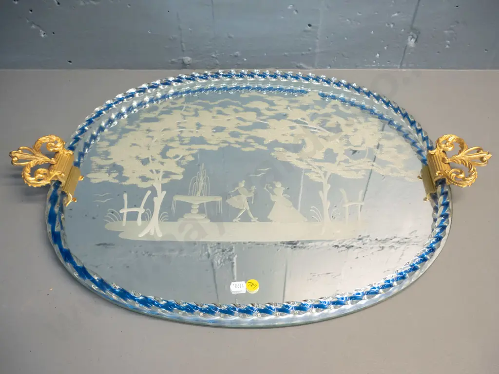 ornate etched & mirrored tray with twisted gallery and gilded metal handles L-610 W-420 Image 1++