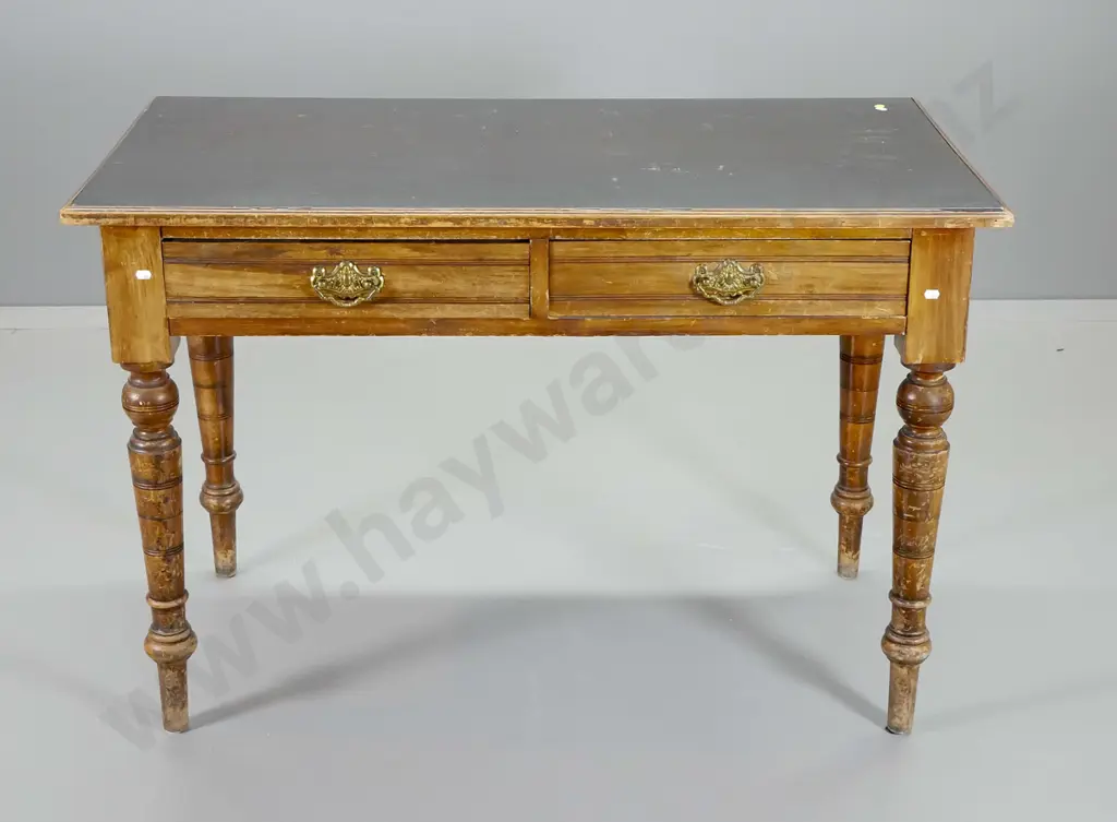 vintage rimu small writing desk - 2 drawers w/brass drop handles, rubbing to polish & leatherette inset H760 W1140 D600 Image 1++