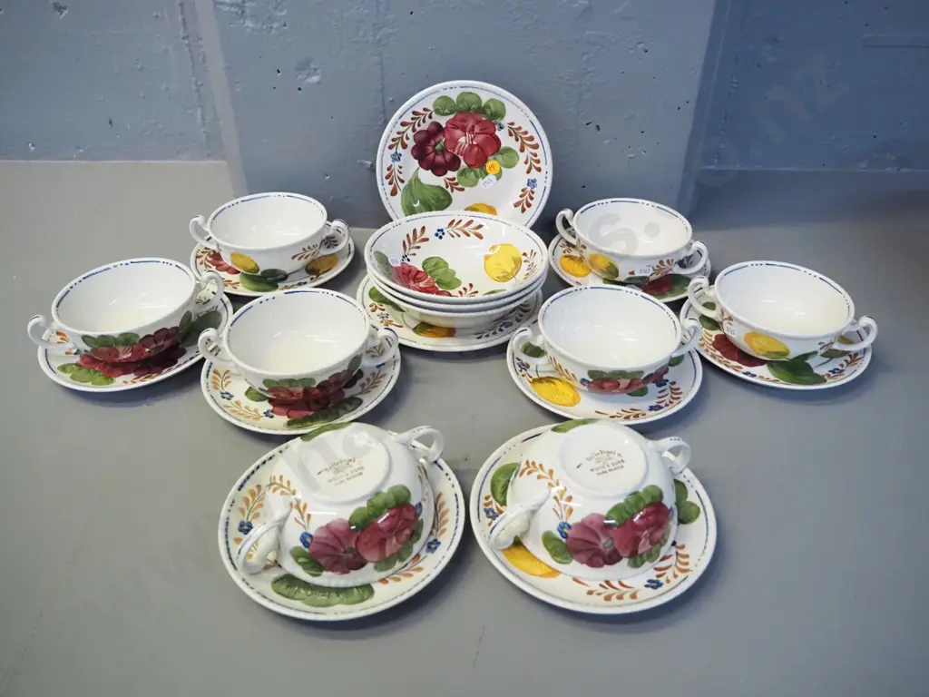 assorted Wood & Sons 'Belle Fiore' china - 8 soup coupes & saucers, 3 desserts, 2 side plates Image 1++
