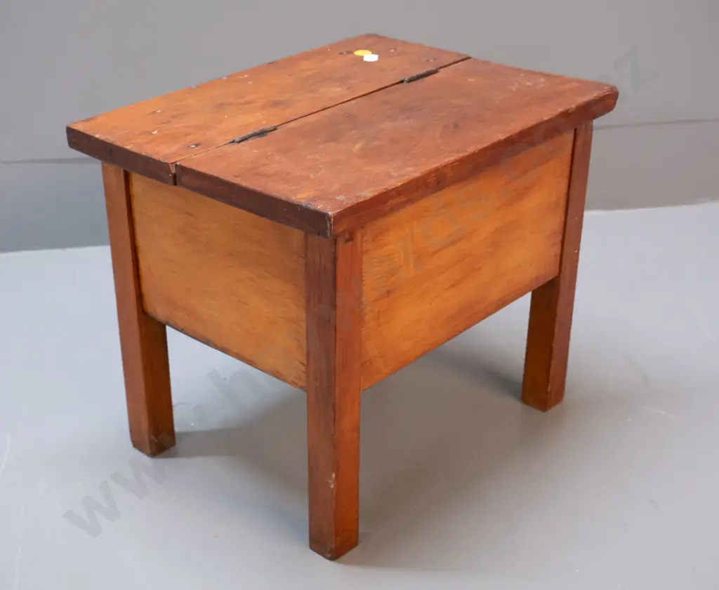 vintage timber shoe shine box with hinged lid foot rest and assorted brushes and supplies H280 L325 W260 Image 1++