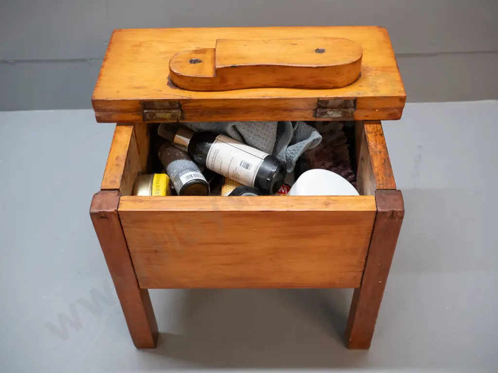 vintage timber shoe shine box with hinged lid foot rest and assorted brushes and supplies H280 L325 W260 Image 1++