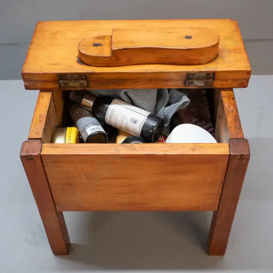 vintage timber shoe shine box with hinged lid foot rest and assorted brushes and supplies H280 L325 W260