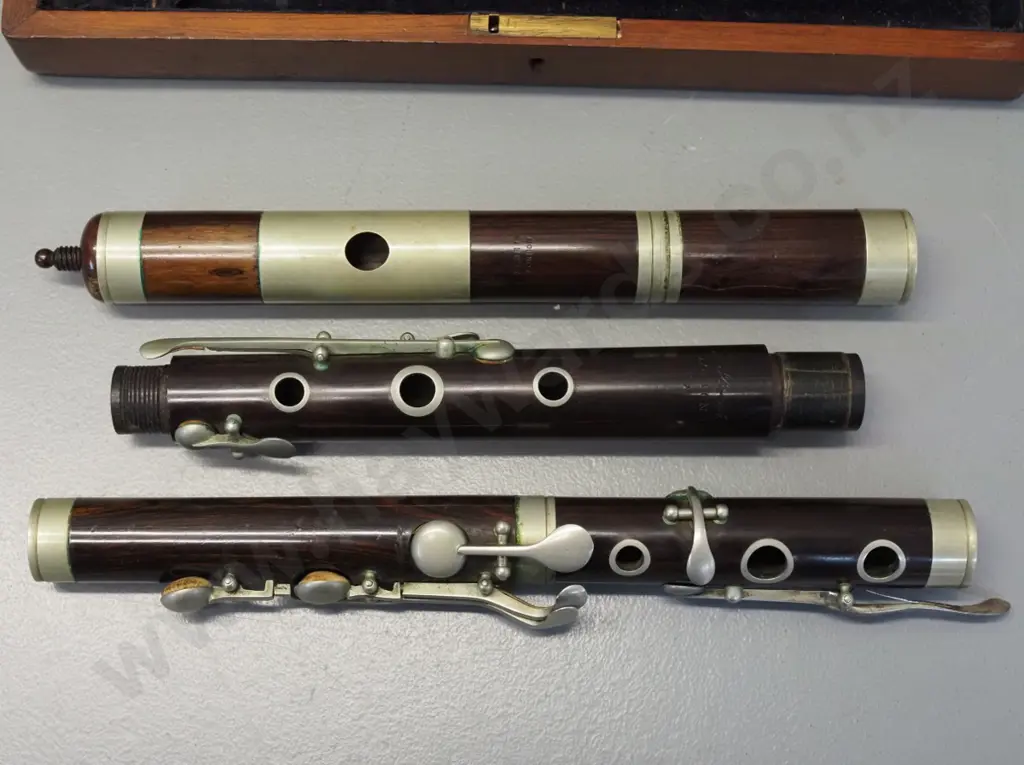 cased vintage wooden flute or fife - may be mismatched parts? Marked Starck London and Begg & Co Sole Agents Dunedin Image 1++