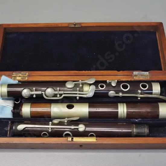 cased vintage wooden flute or fife - may be mismatched parts? Marked Starck London and Begg & Co Sole Agents Dunedin