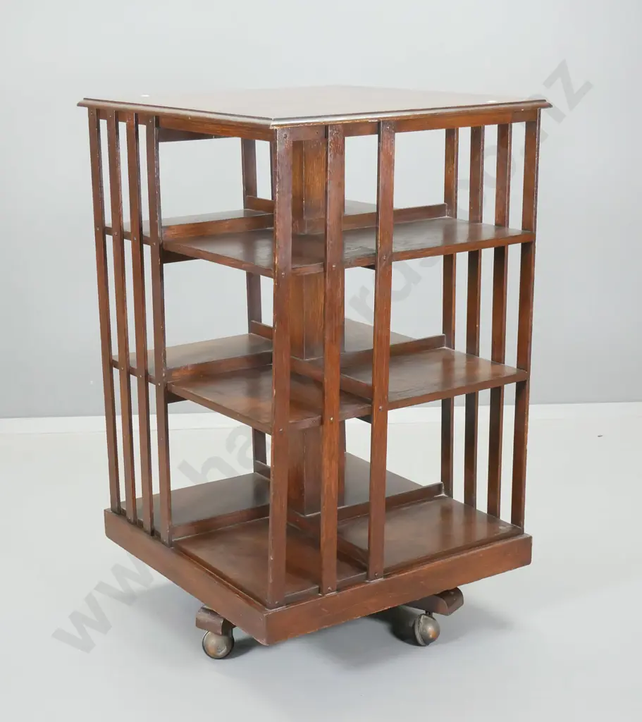 vintage oak revolving 4-sided bookcase on casters - some wear to polish H1050 W640 D640 Image 1++
