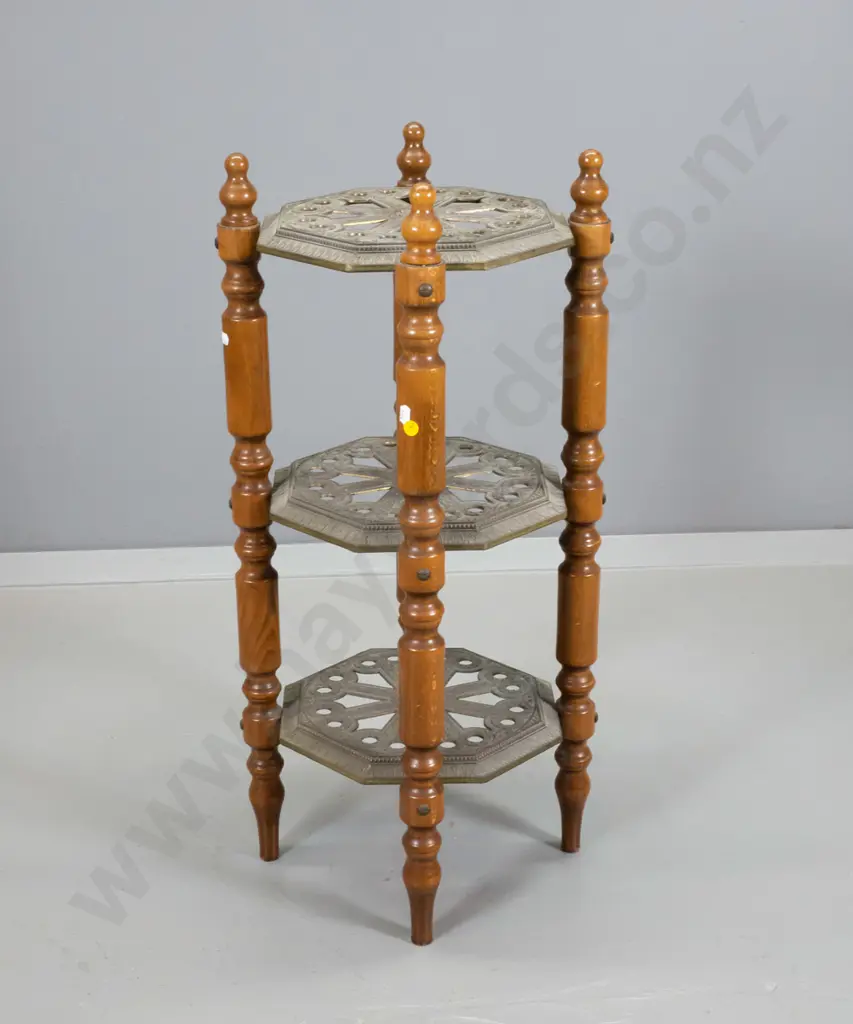 Italian 3-tier display/plant stand with cast brass shelves, turned timber supports H750 D-360 Image 1++