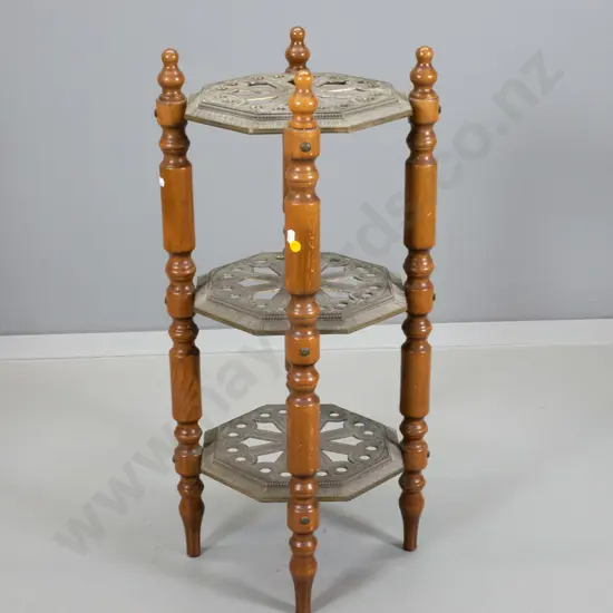 Italian 3-tier display/plant stand with cast brass shelves, turned timber supports H750 D-360