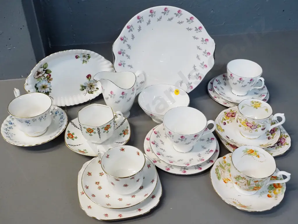 assorted Royal Albert teaware - 4 trios, 2 cups & saucers, cake plate, biscuit plate, cream & sugar Image 1++