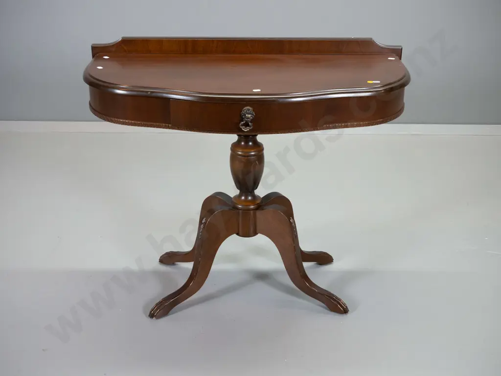 reproduction mahogany half-round hall table with pedestal base, claw feet, 1 drawer H680 W850 D410 Image 1++