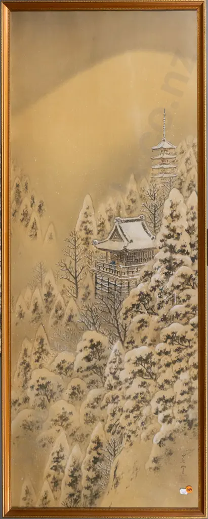 framed vintage Japanese painting on silk - temple in snow H-1050 W-400 Image 1++