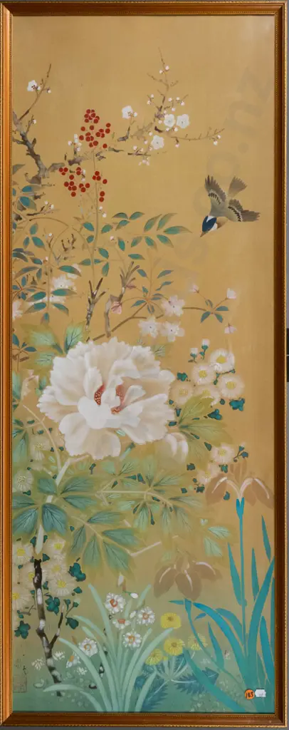 framed vintage Japanese painting on silk - bird and flowers H-1050 W-400 Image 1++