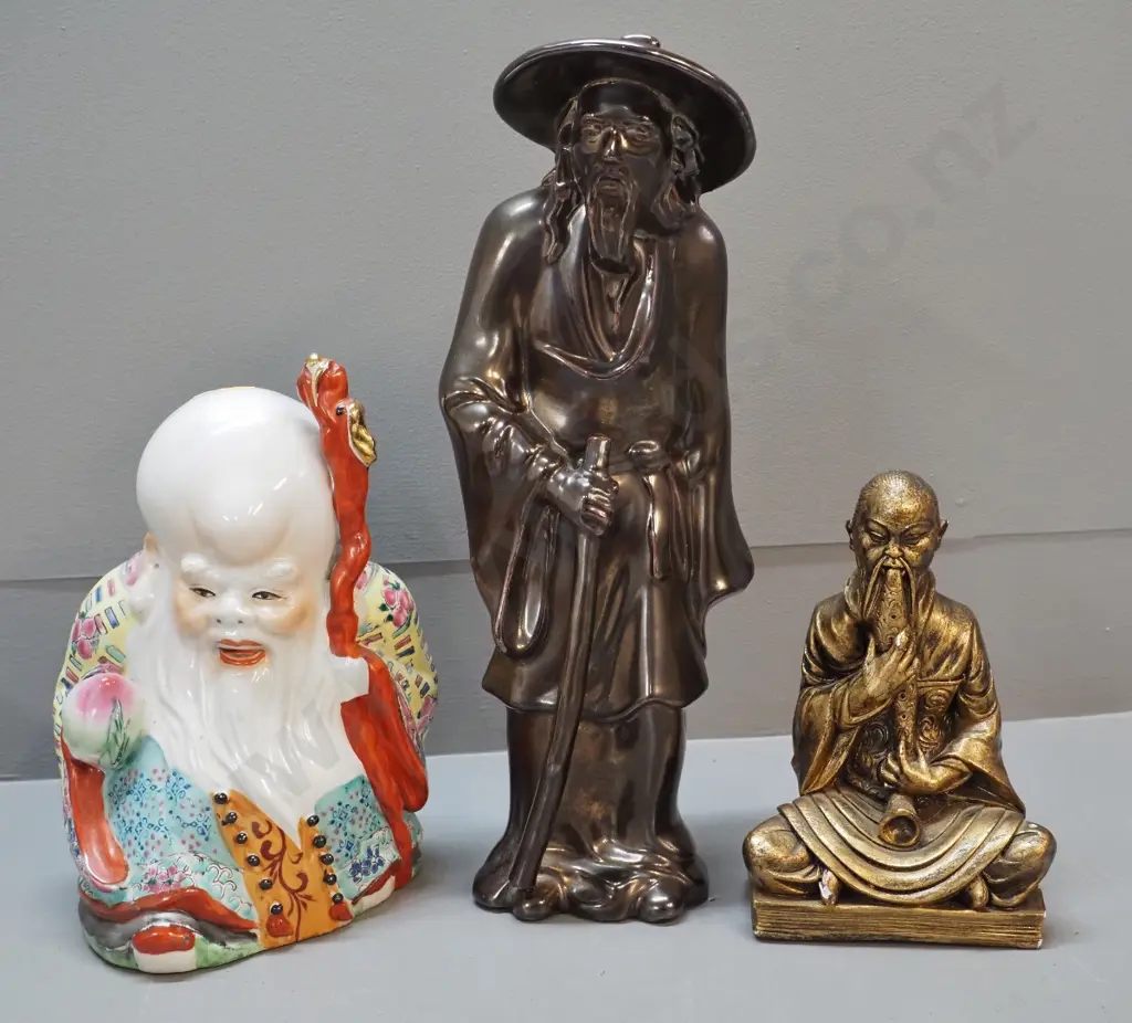 3 asian figurines - 2 larger are china, smaller is plaster - largest is H-340 Image 1++