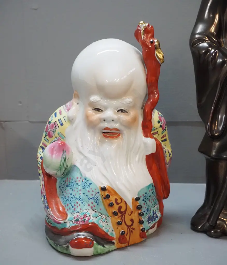 3 asian figurines - 2 larger are china, smaller is plaster - largest is H-340 Image 1++