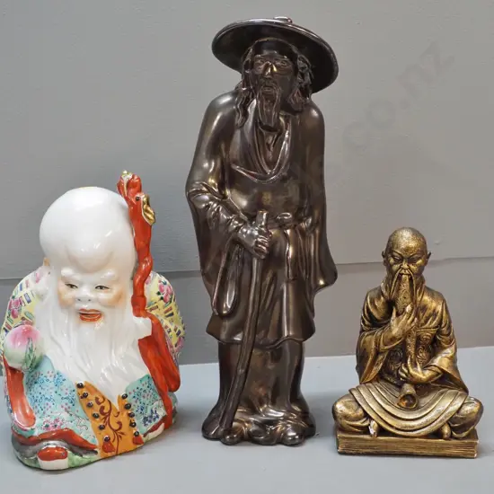 3 asian figurines - 2 larger are china, smaller is plaster - largest is H-340